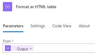 Screenshot of Format HTML table action.