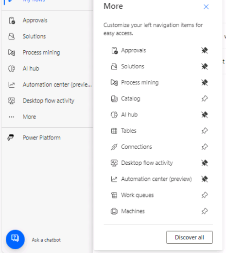Screenshot of more options for Power Automate portal.