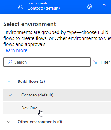Environment selector in Power Automate.