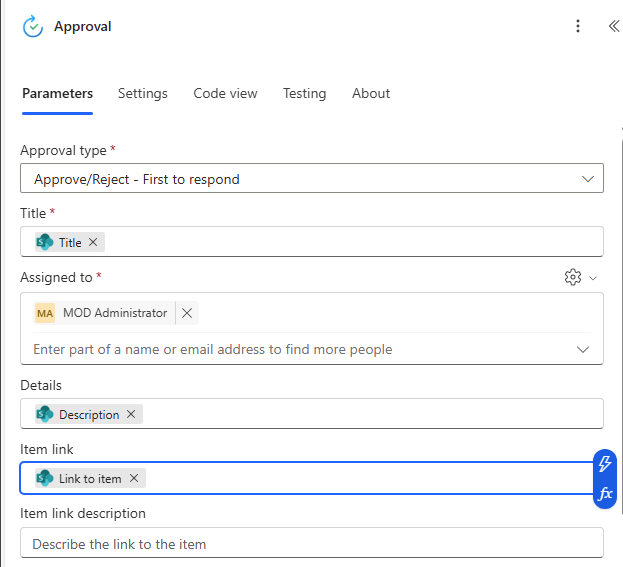 Screenshot of Approval action step.