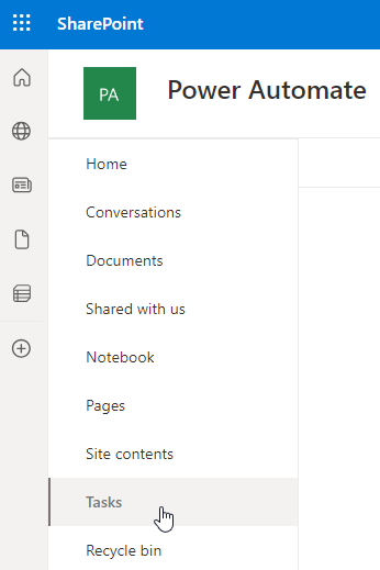 Screenshot of the SharePoint Tasks list.
