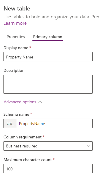 Screenshot der Registerkarte „Primäre Spalte der Tabelle“