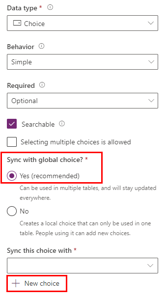 Screenshot of new choice column pane