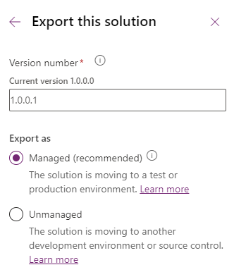 Export solution pane.