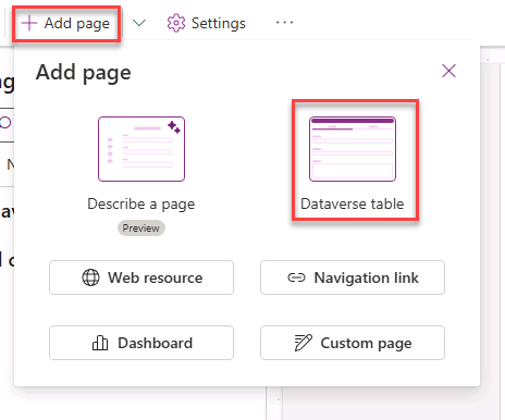 Screenshot of add page to model-driven app dialog
