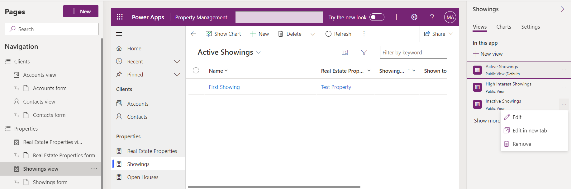 Screenshot of removing a view in the model-driven app designer.