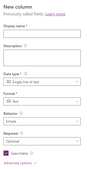 Screenshot of new column pane