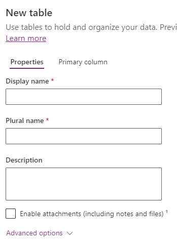 Screenshot of new table pane