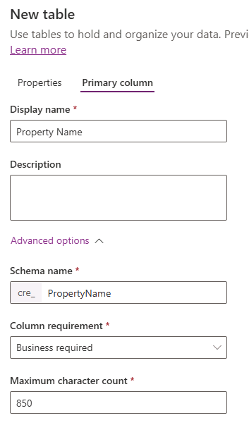 Screenshot of table primary column tab