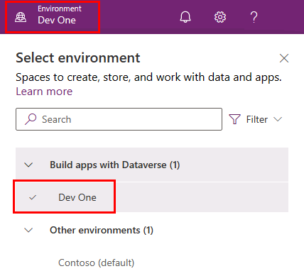 Select Development environment in the Power Apps maker portal.
