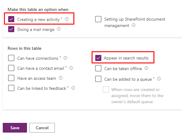 Screenshot of table advanced options