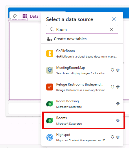 新しい Dataverse テーブルをアプリに追加しているスクリーンショット