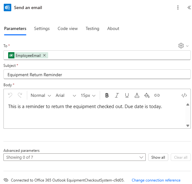 Send an email アクションのスクリーンショット