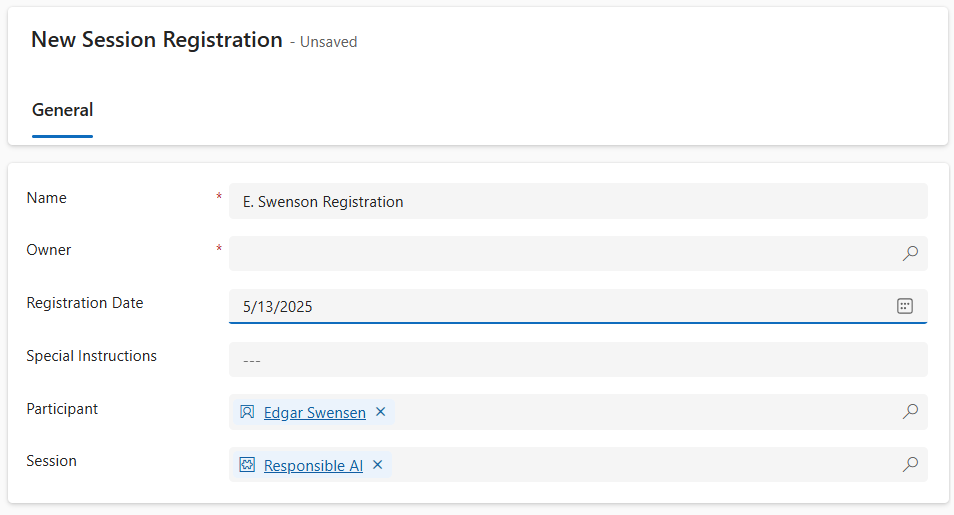 Screenshot of completed Session registration form.  