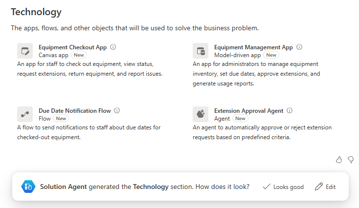 Screenshot of the components suggested by the solution agent.
