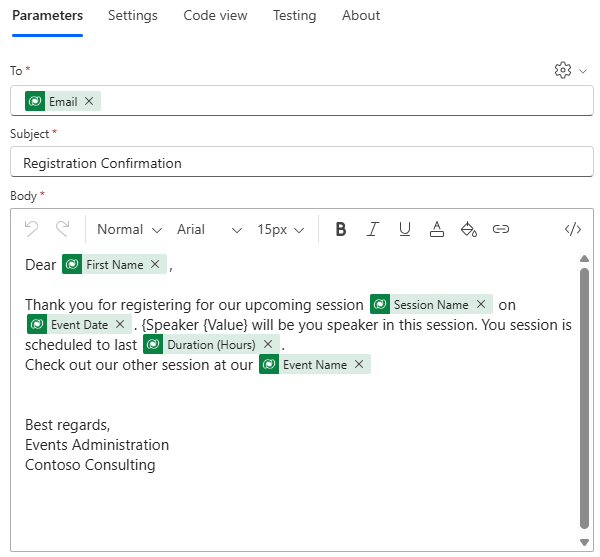 Screenshot showing the completed email.