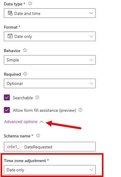 Screen shot showing Advanced Date Options