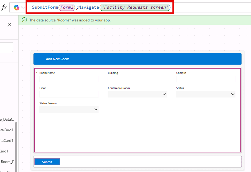 screenshot showing the submitform Power FX formula