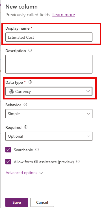 Screenshot showing creating a currency column