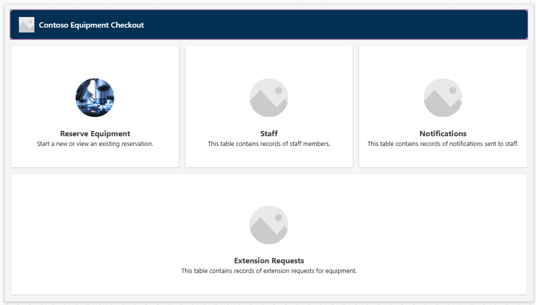 Screenshot of the welcome screen in the Equipment Checkout app.