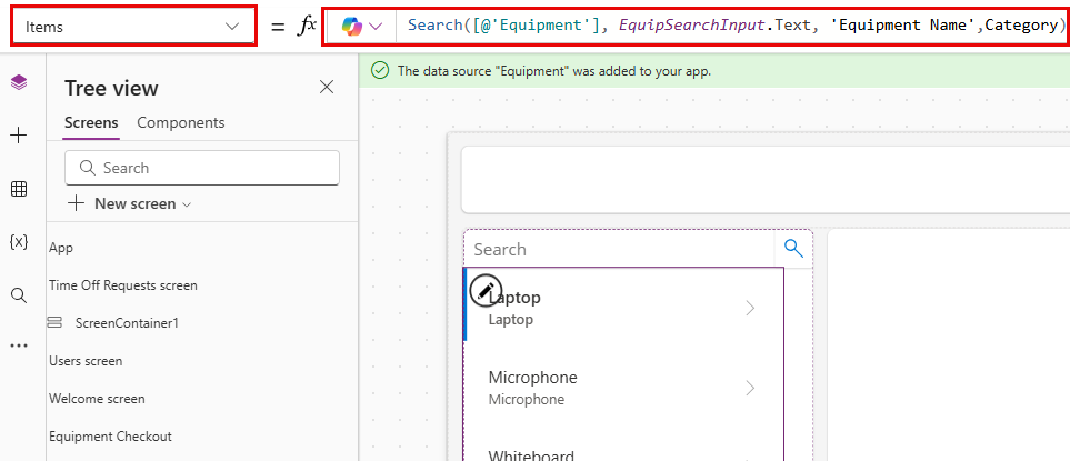 Screenshot of Items PowerFx Formula.