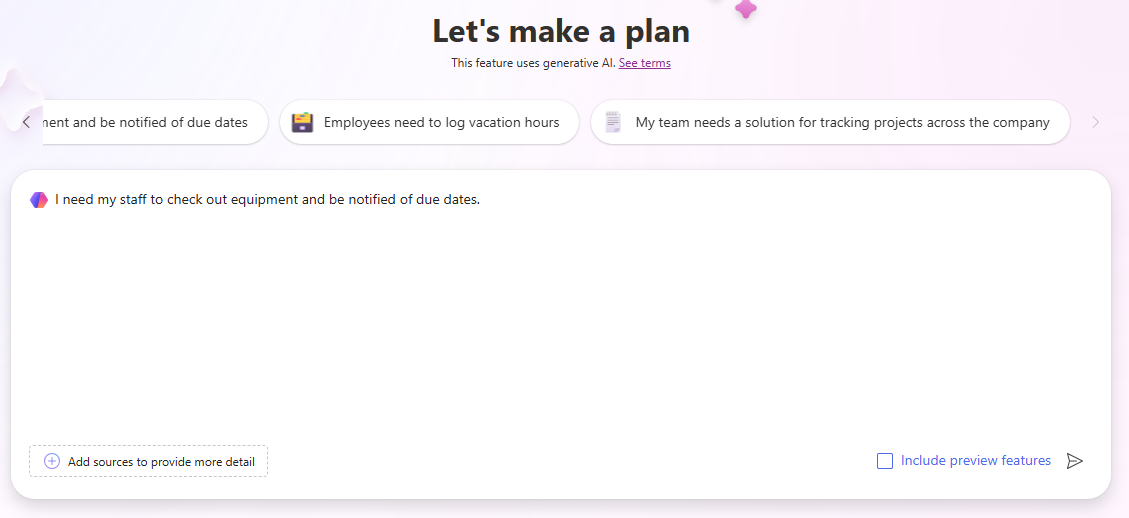 Screenshot of the Copilot screen where you can provide a description of the business challenge you are trying to solve.
