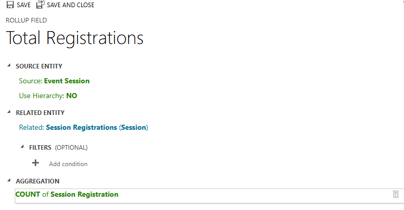 Screenshot of Total Registrations rollup field configuration.