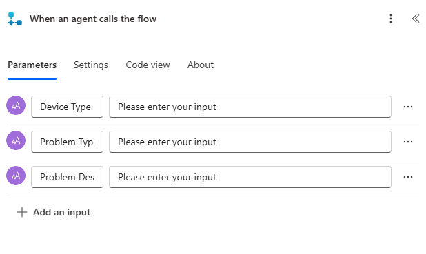 Screenshot showing input parameters.