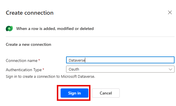 screenshot showing signing to Dataverse