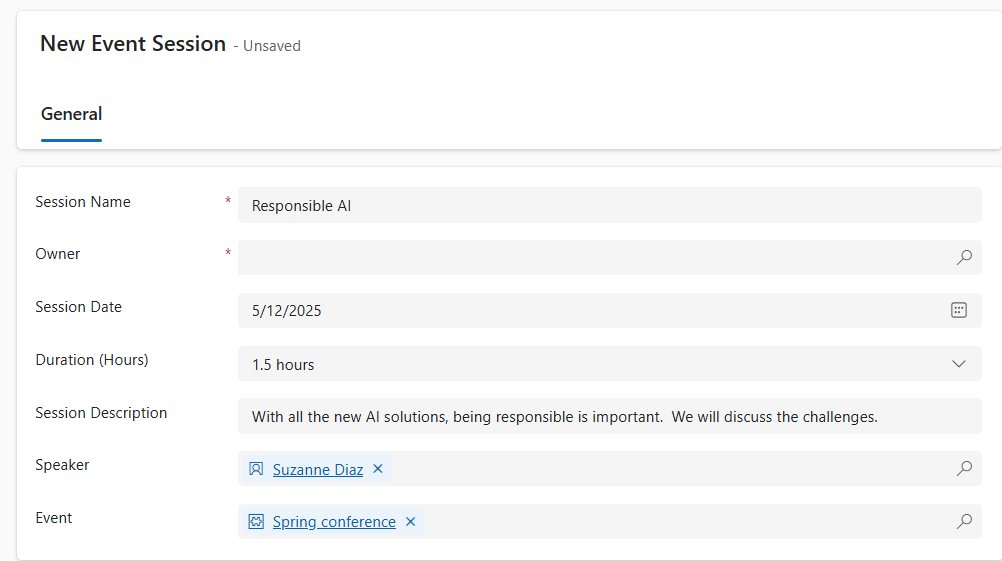 Screenshot of completed Event session form. 