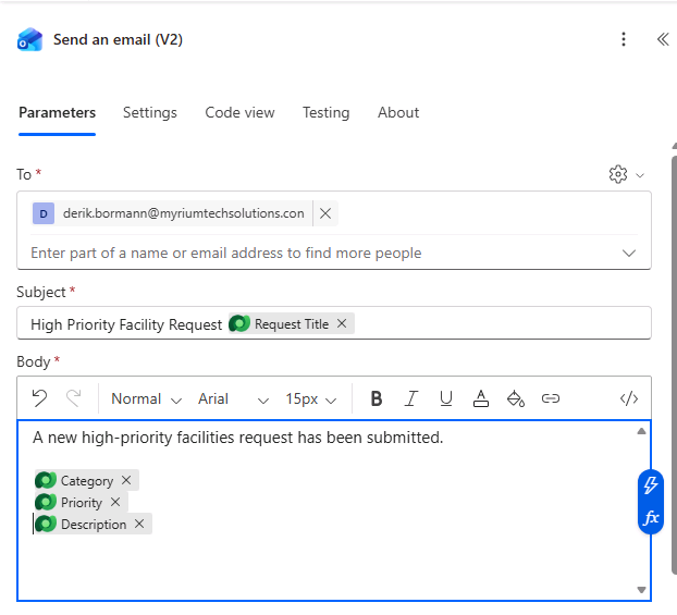 Screenshot showing Configured email
