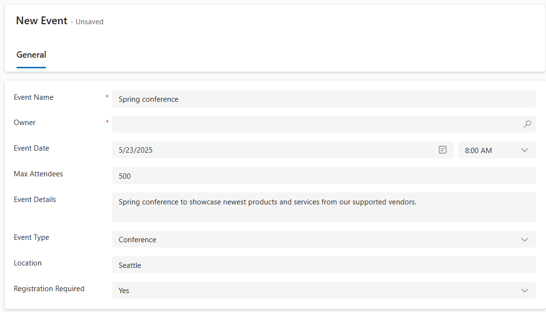 Screen shot of completed Event form. 