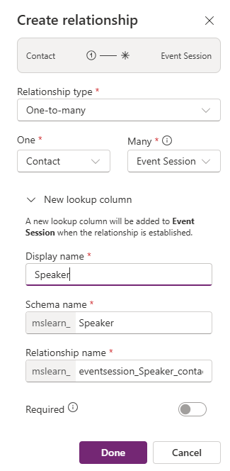Screenshot showing creating the Speaker relationship.