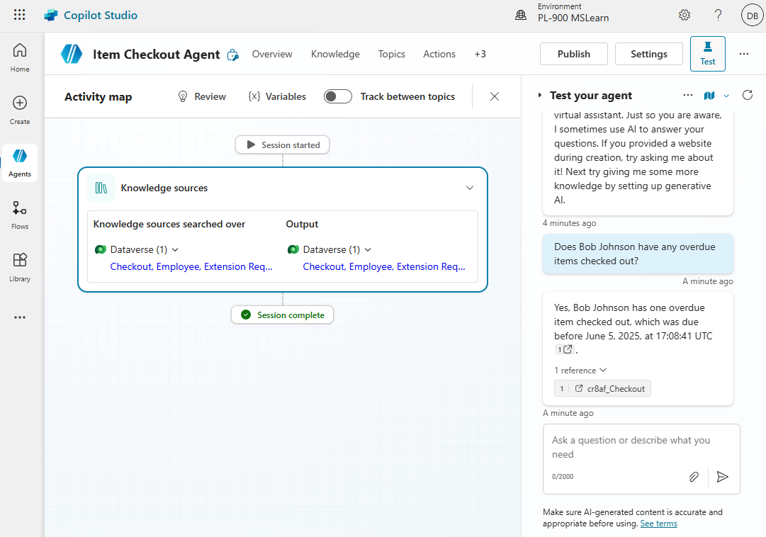 Screenshot of the Item Checkout agent that was created.