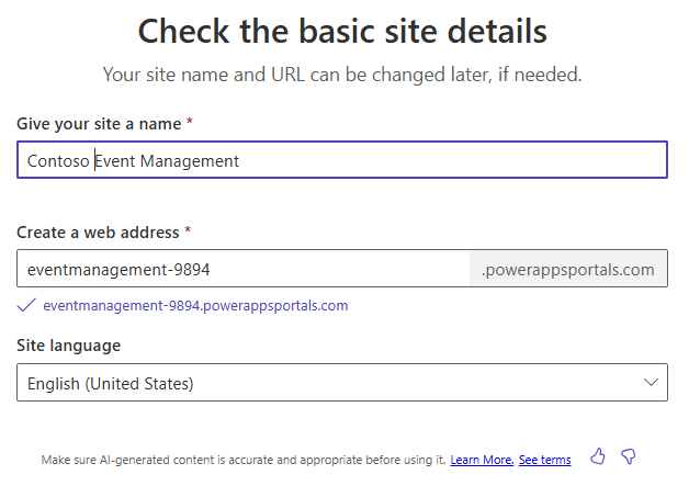 Screenshot showing basic site details