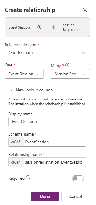 Screenshot showing creating the Event Session relationship.