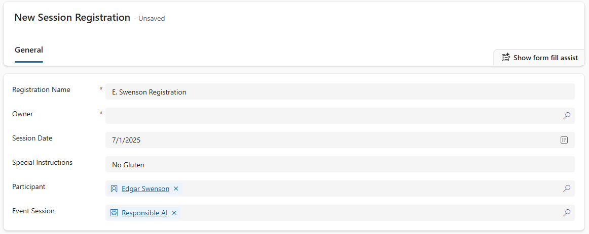 Screenshot of completed Session registration form.  