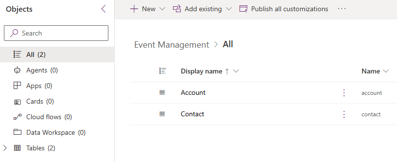 A screenshot showing the Account and Contact tables in the solution.