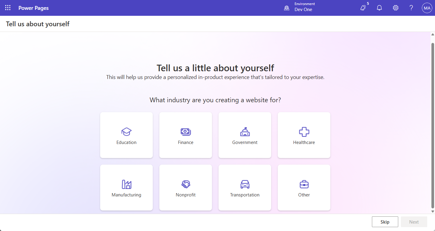 Screenshot of the Power Pages welcome screen.