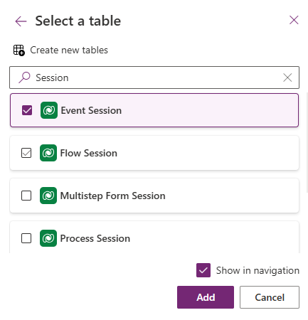 A screenshot displaying the select a table dialog.