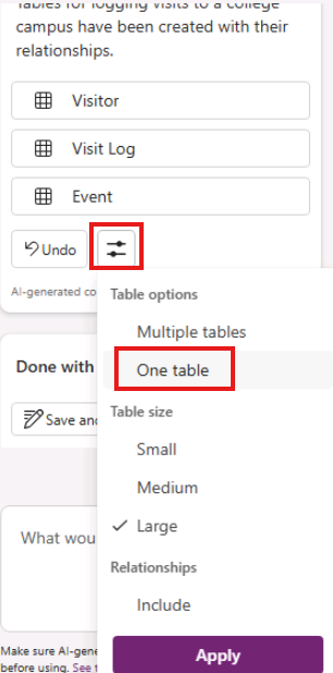 Screenshot of the Table structure just created