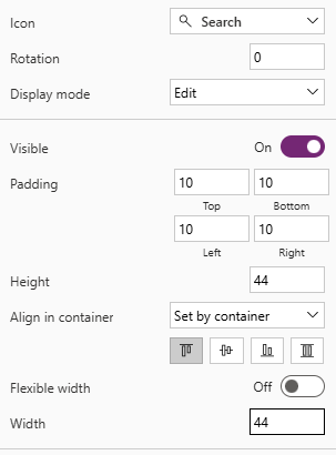 Screenshot of Search Icon properties