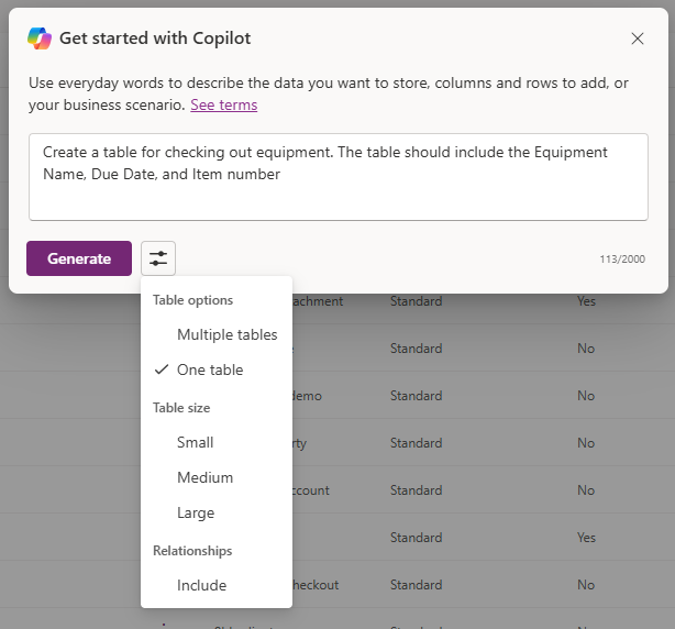 Screenshot of the guidance provided to Copilot to create the Equipment table.