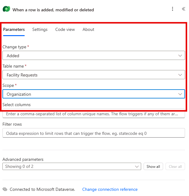 Screenshot showing configuring the Dataverse trigger