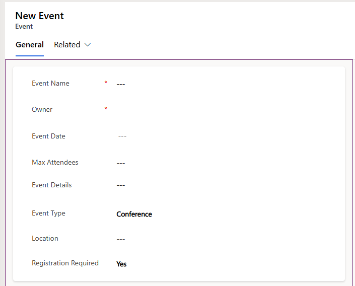 A screenshot showing the updated Event form, after an extra columns was removed. 