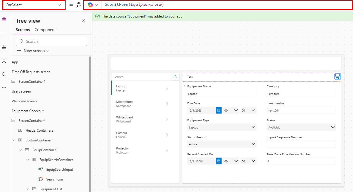 Screenshot of OnSelect PowerFx formula.