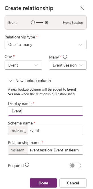 Screenshot showing creating the Event relationship.