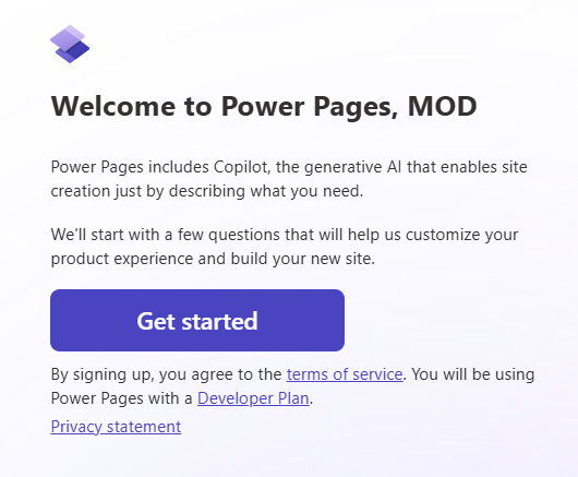 Screenshot of the Power Pages welcome screen.