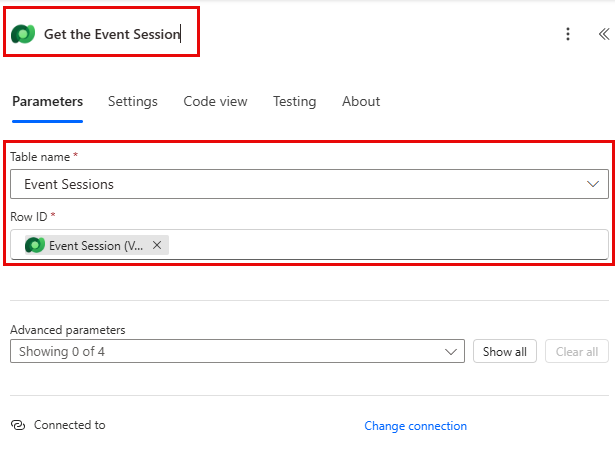 Screenshot of the Get the Event Session action configuration