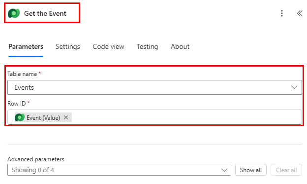 Screenshot of the Get the Event action configuration